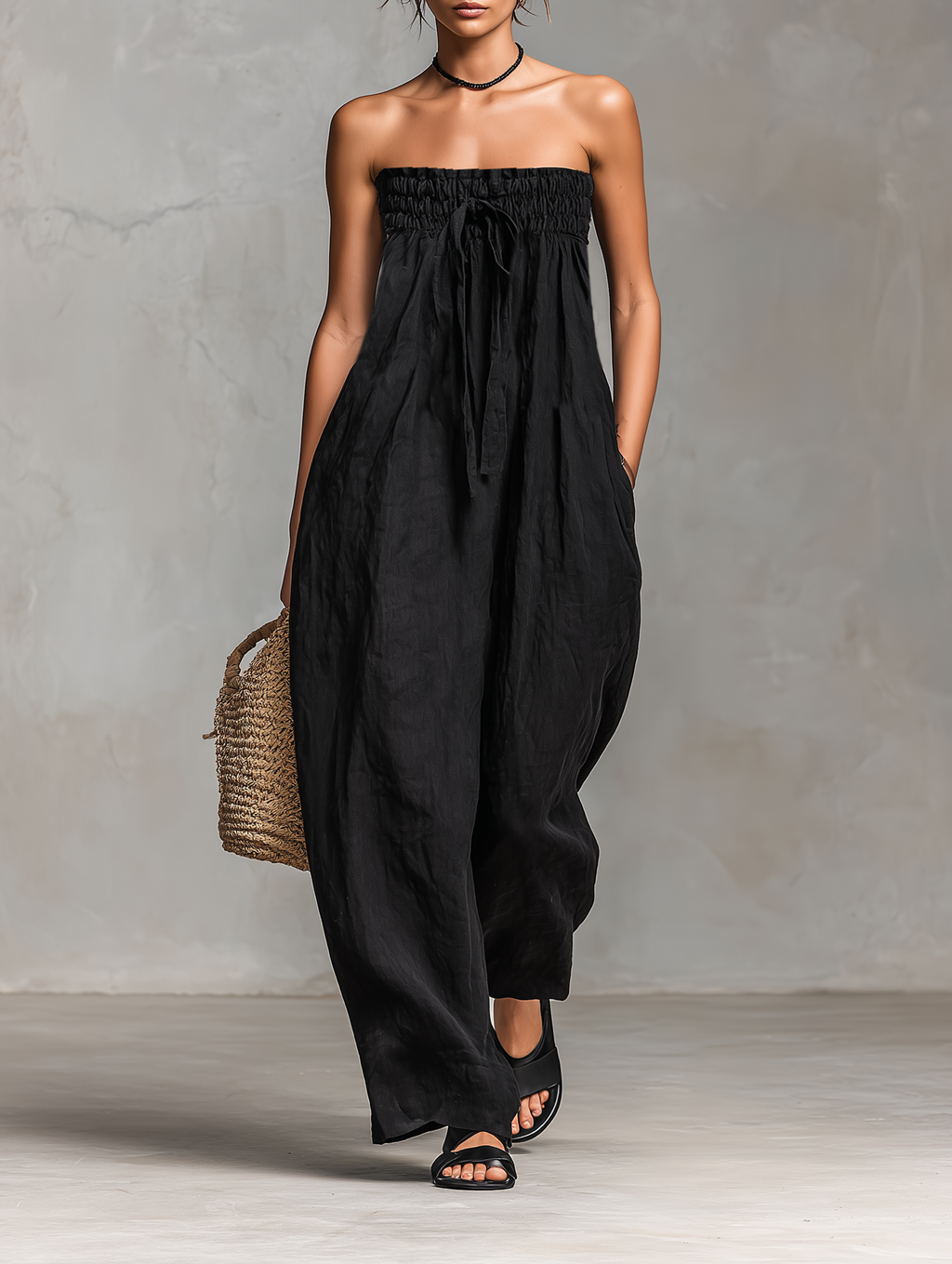 Modern Loose-Fit Linen-Blend Strapless Tie Jumpsuit