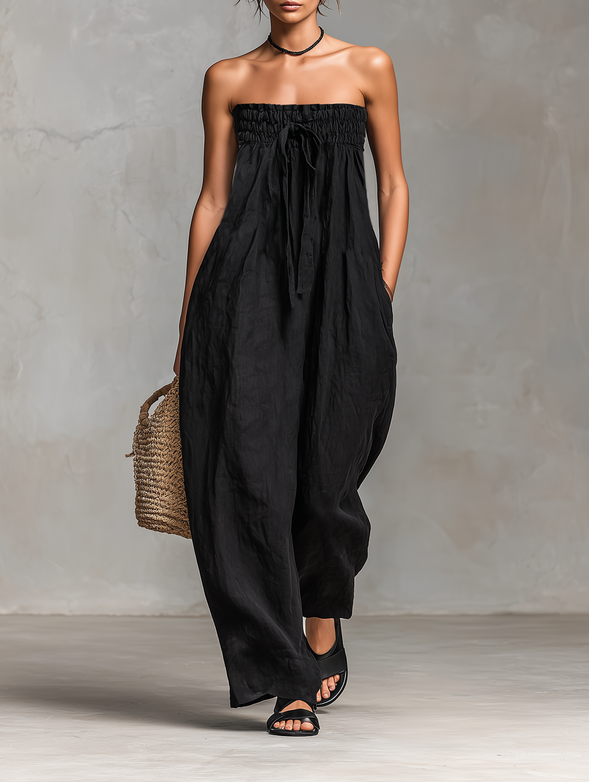 Modern Loose-Fit Linen-Blend Strapless Tie Jumpsuit