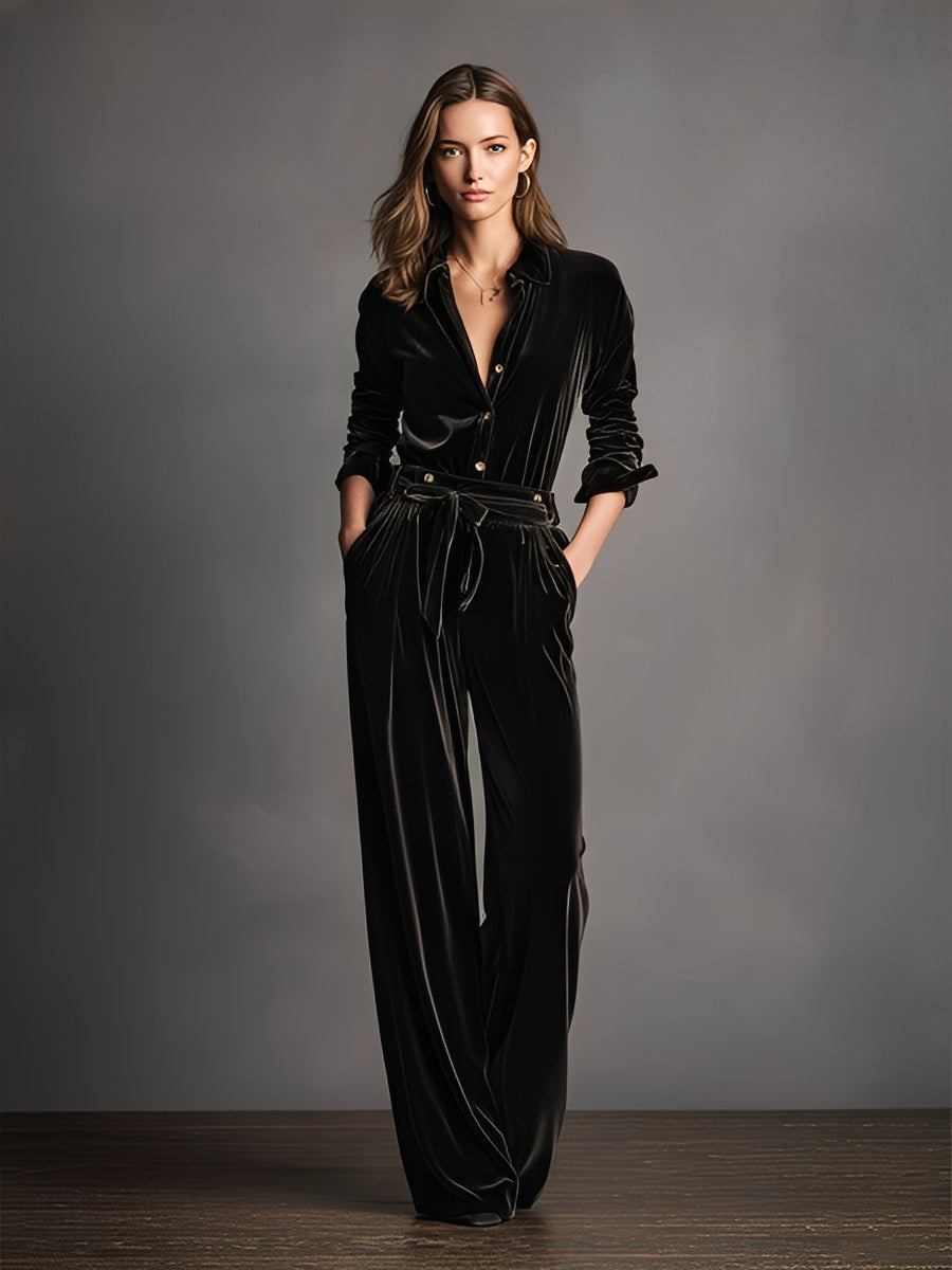 Women's Black Velvet Lace-up Refined Gold Button Jumpsuit