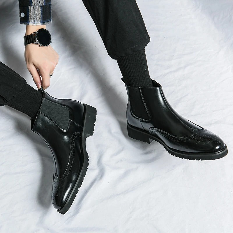 Leather Chelsea Boots with Brogue Detailing and Shock-Absorbing Sole