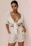 Modern Linen Wrap Front Tie Puff Sleeve Shorts Sets In Khaki