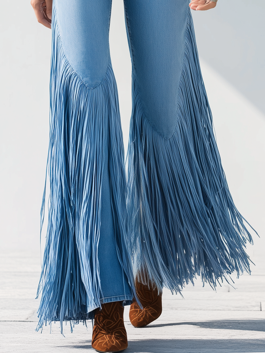 Modern Trendy Retro Tassel Flared Jeans