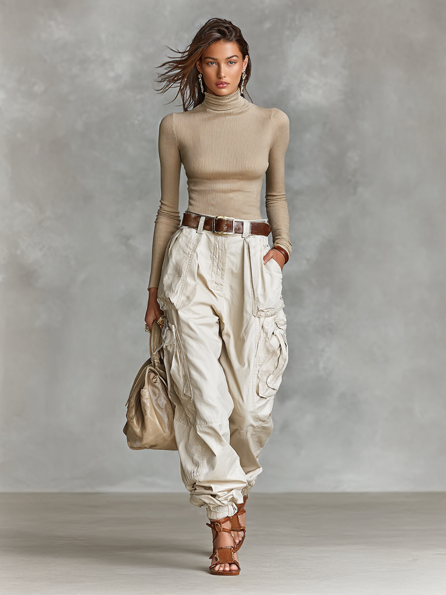 Women's Tight High Neck Long Sleeve T-shirt Multi-pocket Cargo Trousers Two-Piece Set (without Belt)