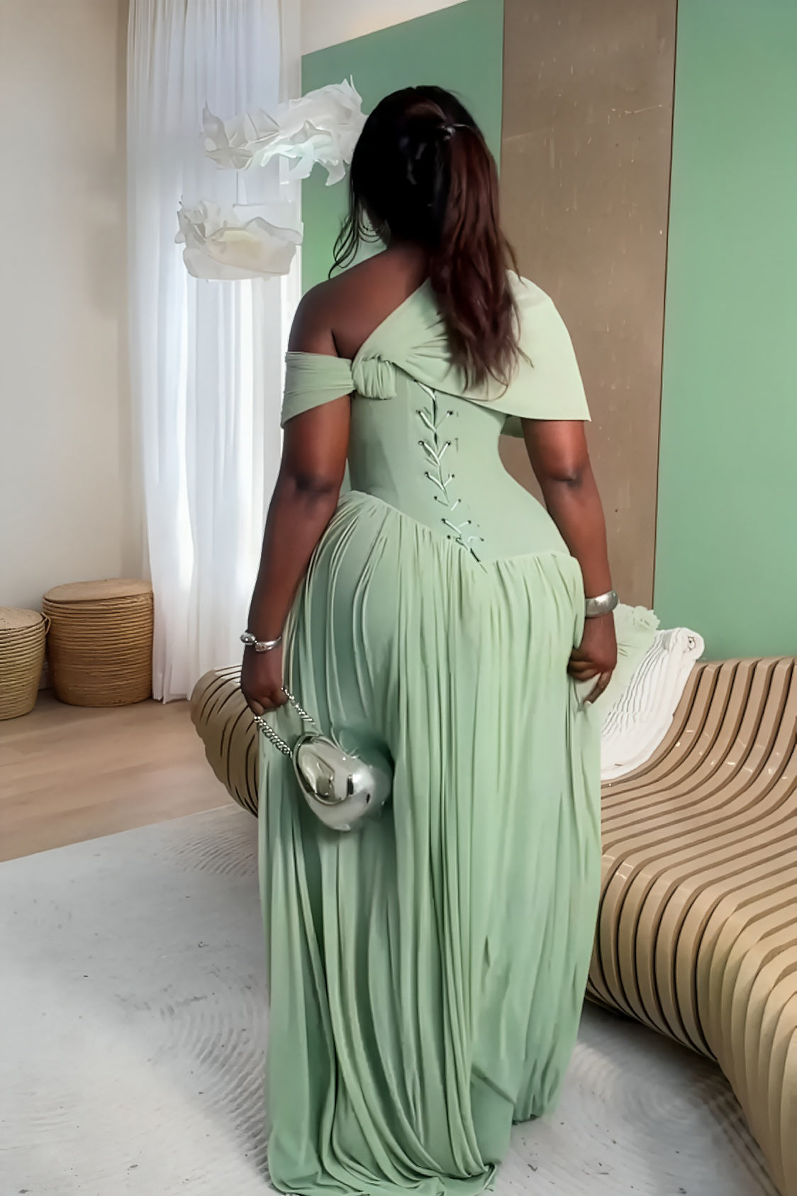 Mint Green Pleated Maxi-Length Dress