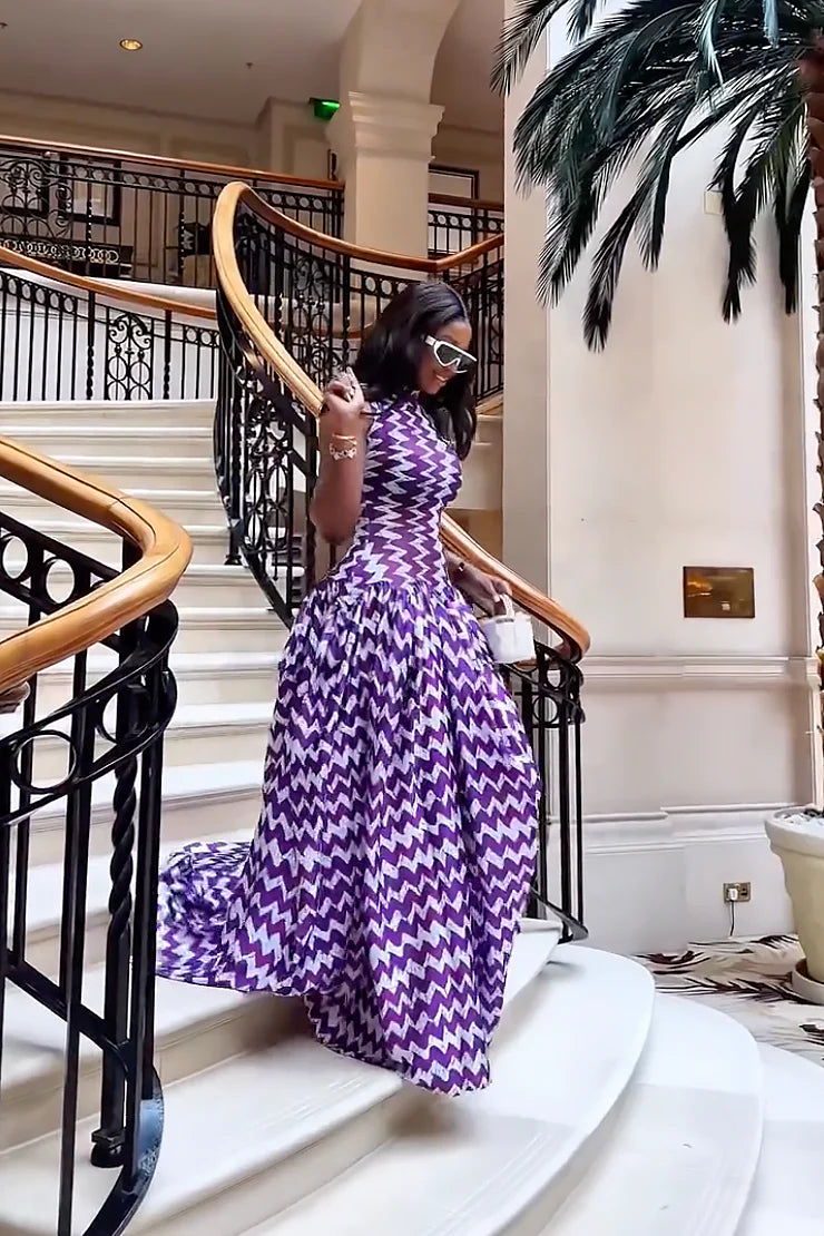 Purple Zigzag Print Maxi-Length Dress