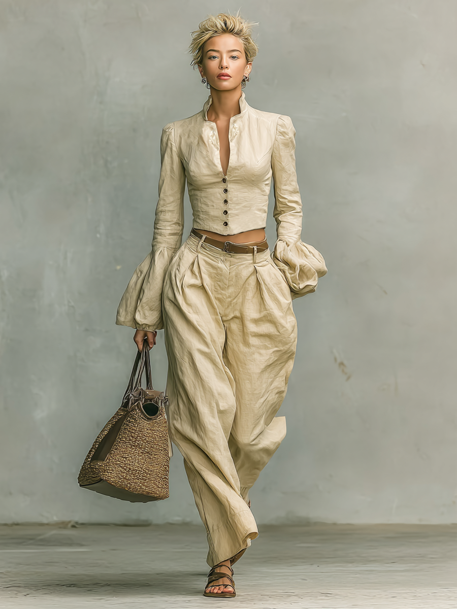 Coordinated Women's Retro Linen-like Fabric Stand-up Collar Single-breasted Shirt Trousers Two-Piece Set
