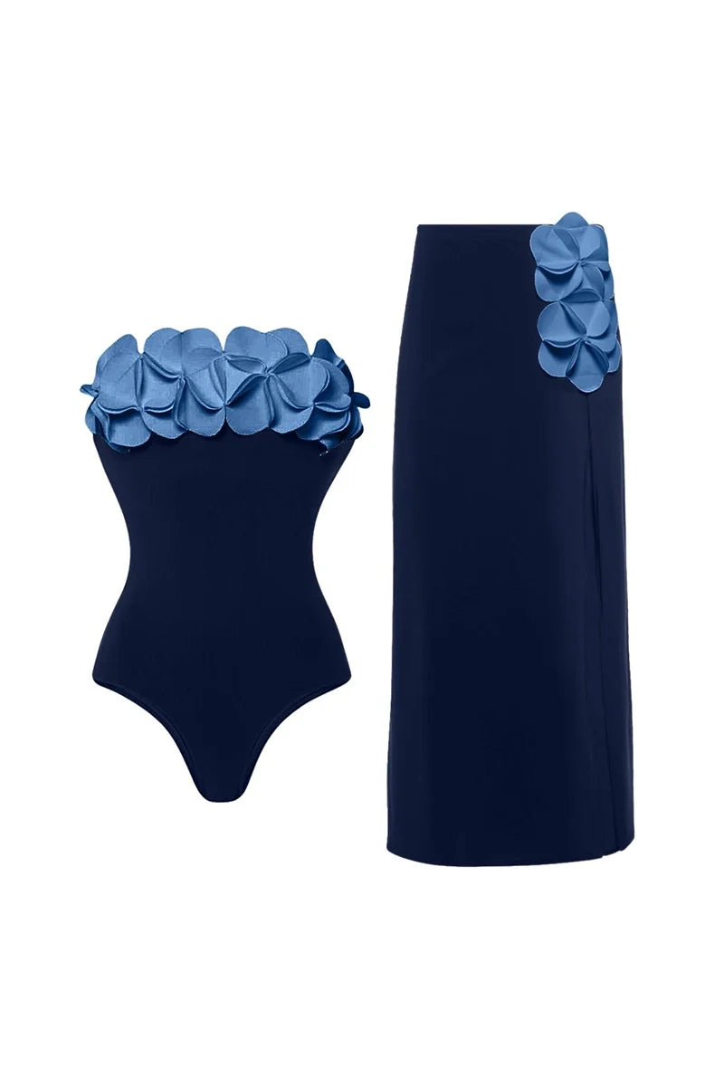 Blue 3D Flower Strapless Swimsuit