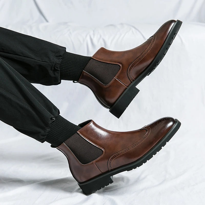 Leather Chelsea Boots with Brogue Detailing and Shock-Absorbing Sole