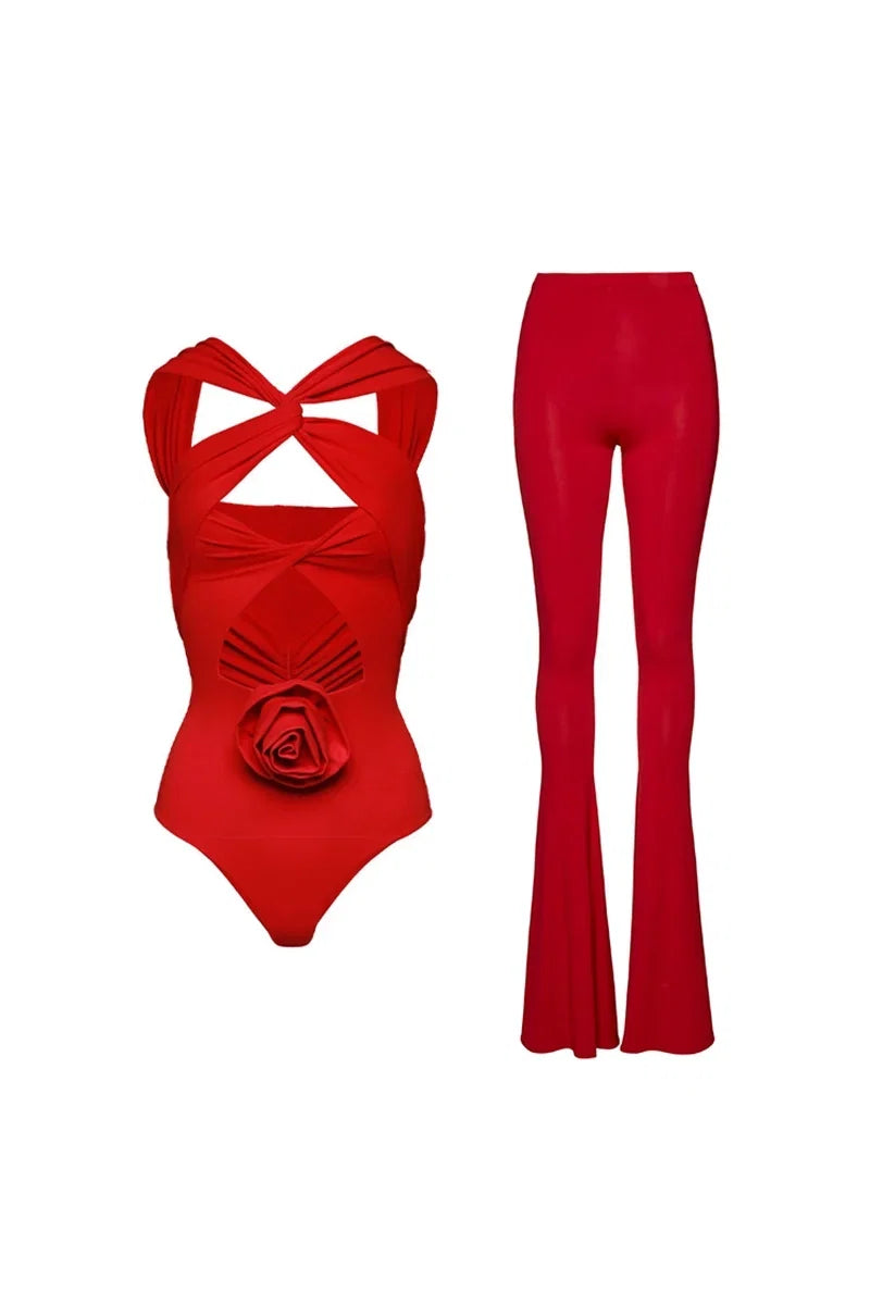 Flower Applique Cut-Out Swimwear Set