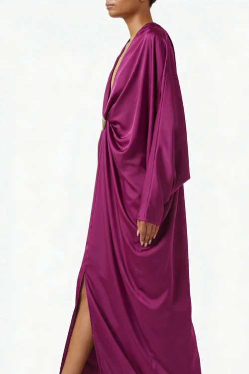 Magenta Satin Neck Maxi-Length Dress in Satin