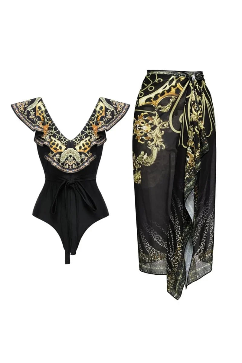 Black Gold Print Ruffled Tie Swimwear Set