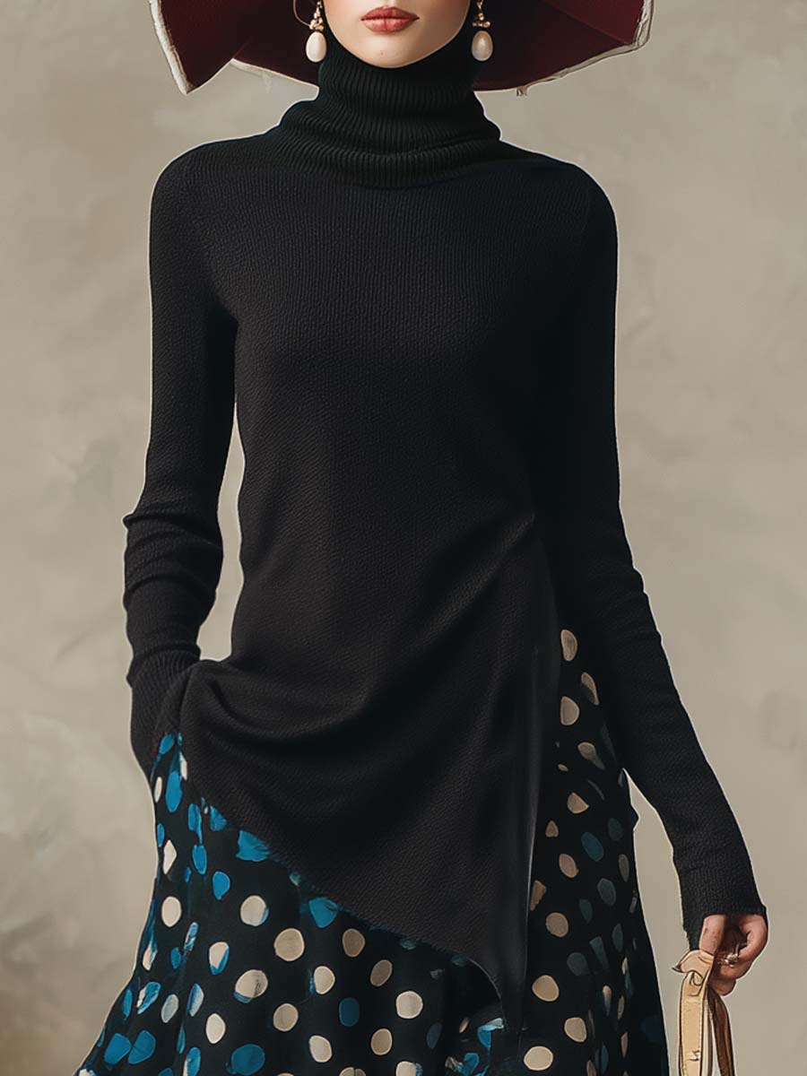 Refined Black High-neck Side-slit Knitted Top And Dark Blue Satin Polka Dot Patterned Skirt Set