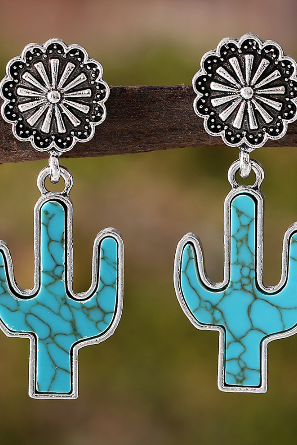 Statement Women's Western Retro Turquoise Cactus Flower Pendant Earrings