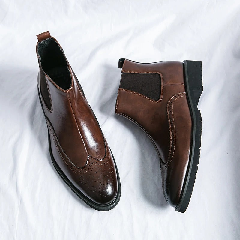 Leather Chelsea Boots with Brogue Detailing and Shock-Absorbing Sole