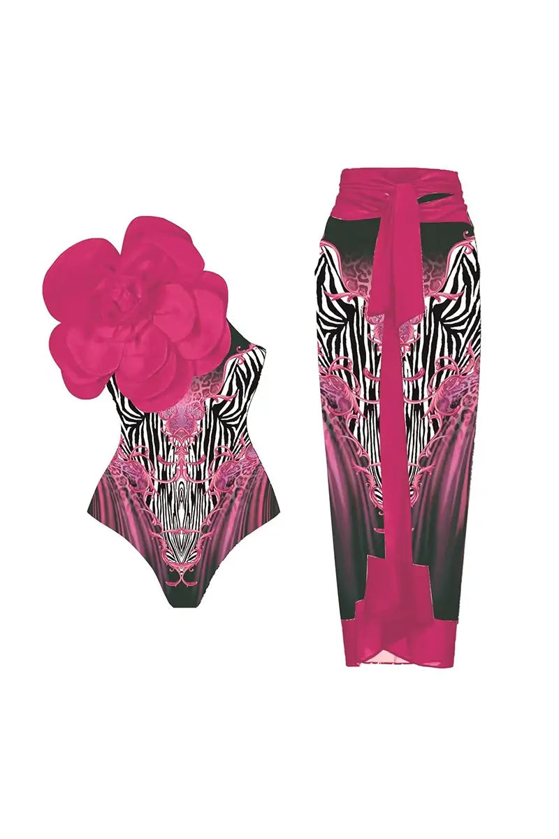 3D Fuchsia Flower Bust Decor Patterned Swimsuit