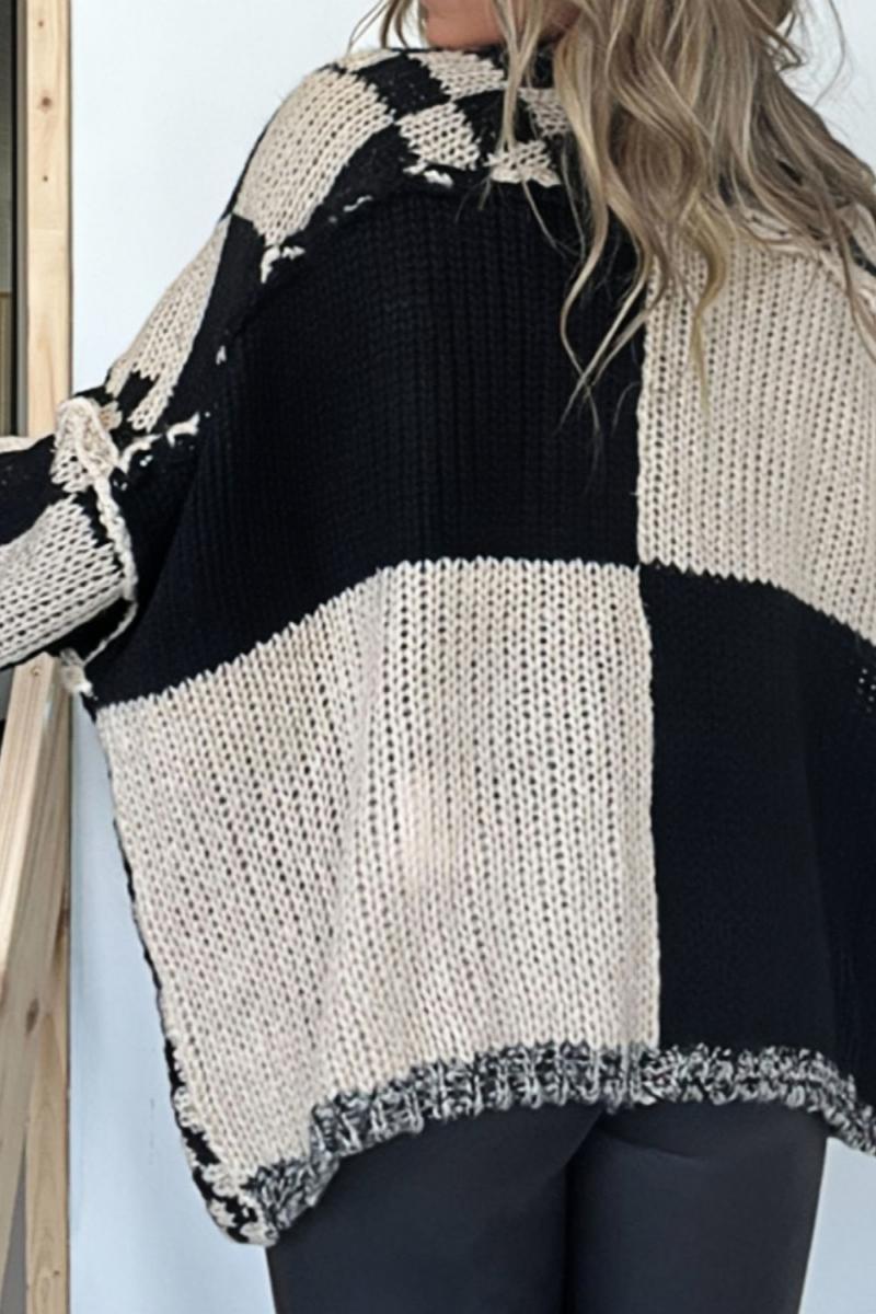 Plaid Open Front Long Sleeve Knit Cardigan