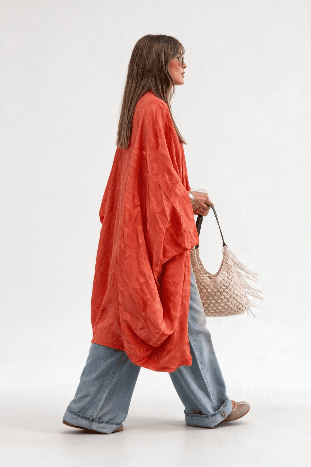 Orange Jacquard Kimono Knit Cardigan