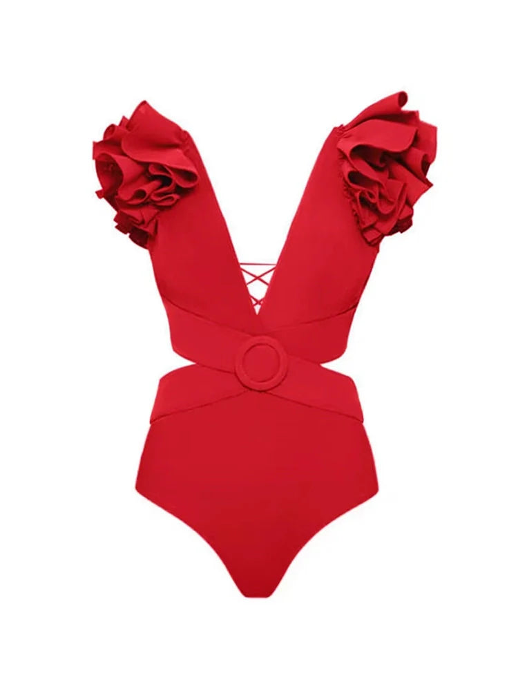 3D Flower Shoulder Embellished Cut-Out Swimsuit