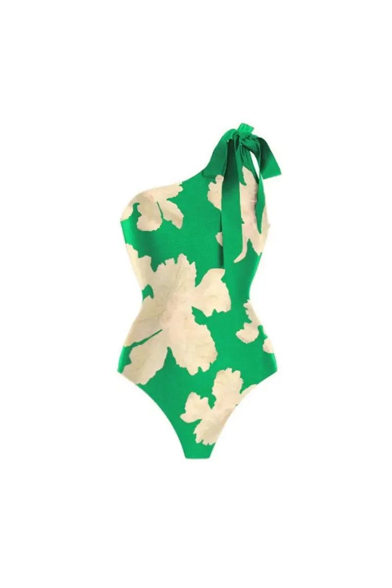 Belted Patterned Swimsuits with Wrap Skirt Set