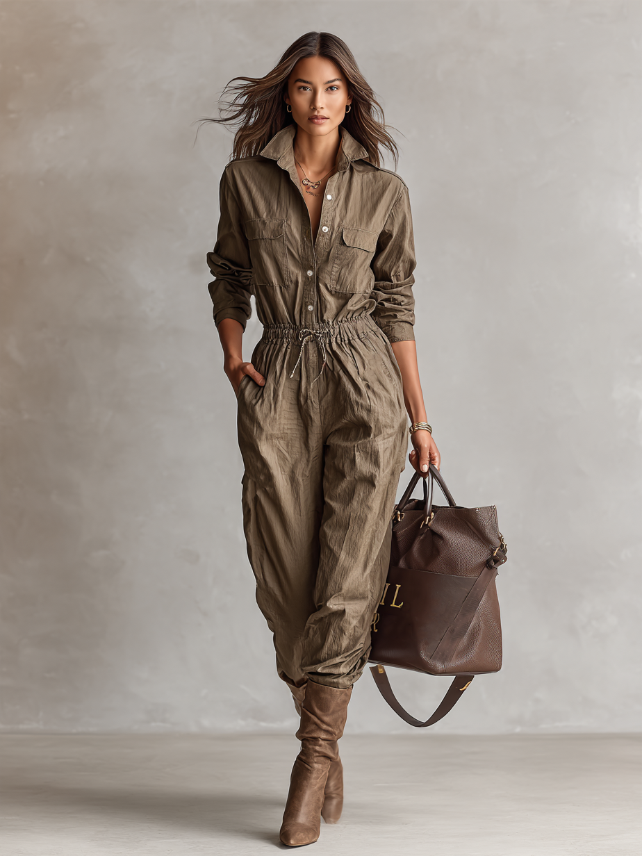 Women's Relaxed Shirt Collar Button Drawstring Jumpsuit