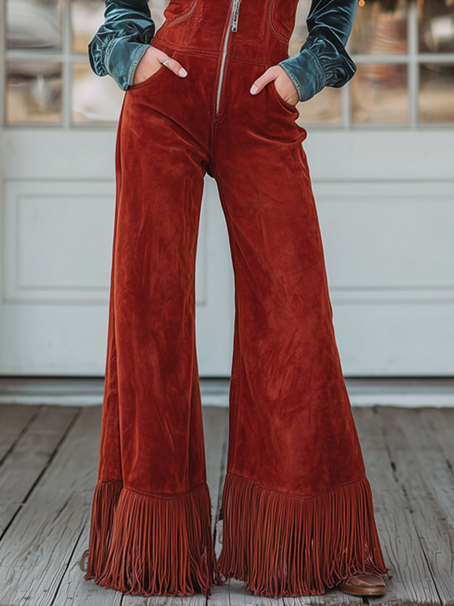 Modern Western Retro V-Neck Zipper Red Faux Suede Wide-leg Tassel Overalls