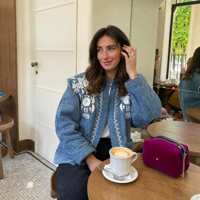 Denim Jacket with Floral Embroidery and Stand Collar