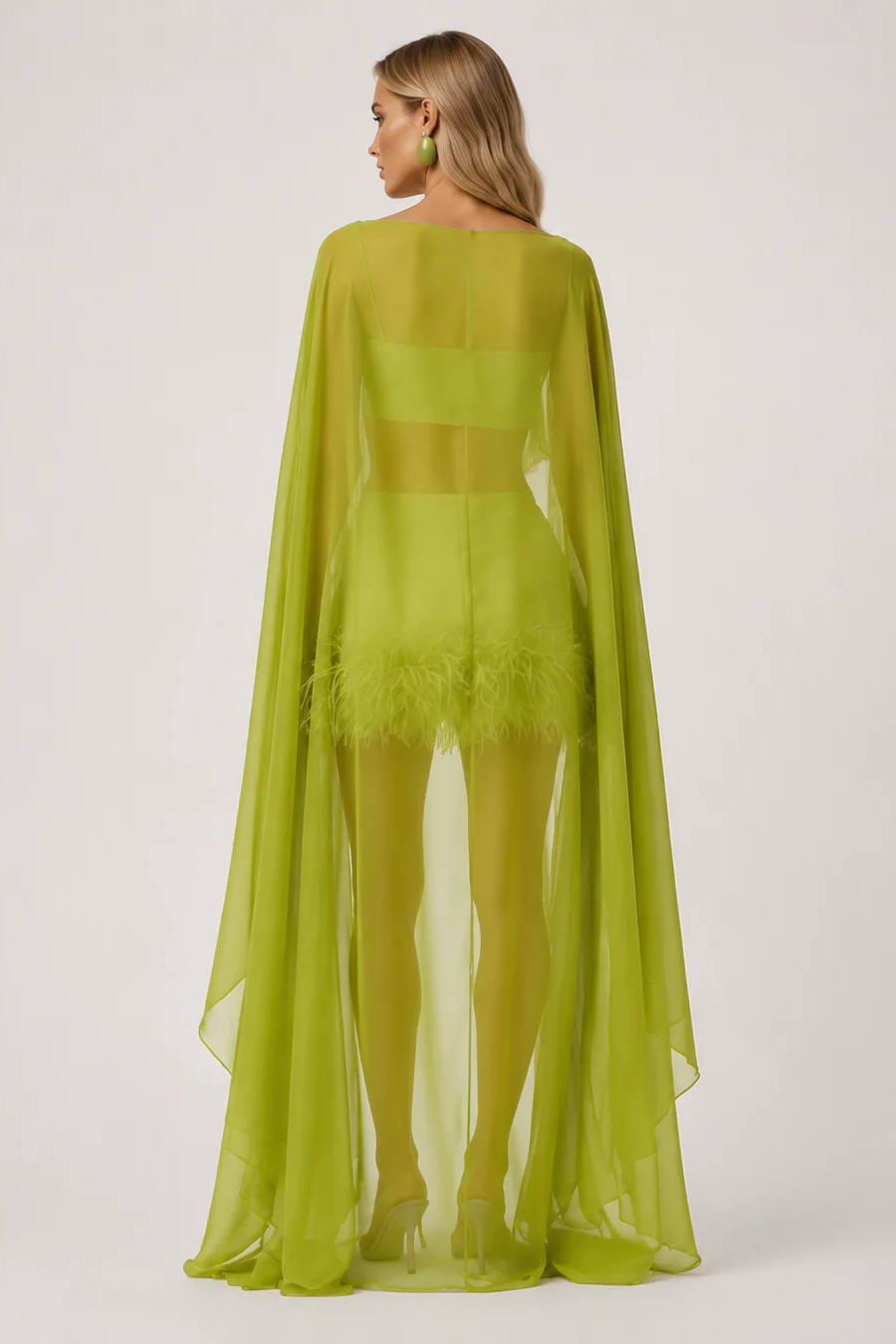 Coordinated Lime Sheer Cape Feather Skirt Set