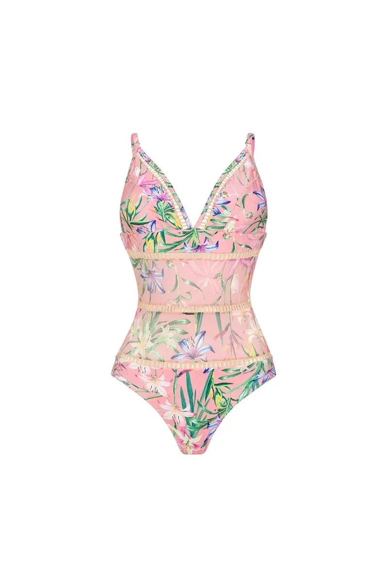 Mesh Patchwork Patterned Swimwear Set