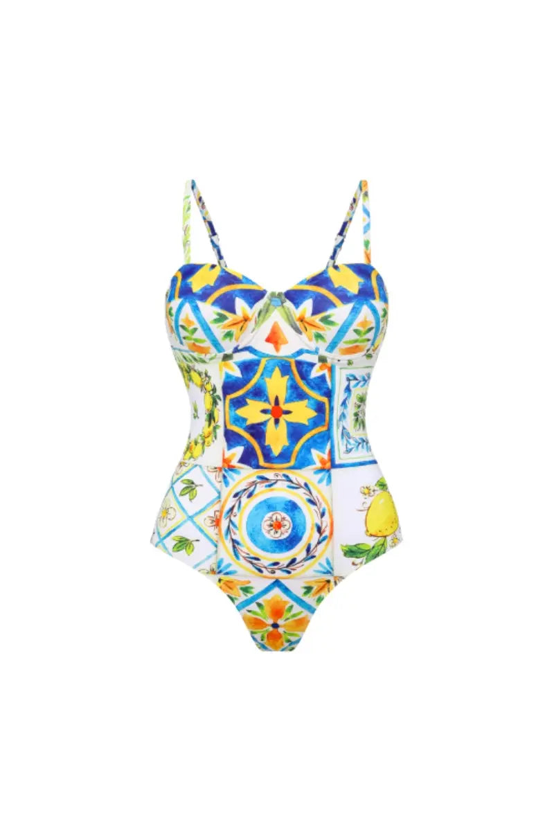 Lemon Print Open-Back One Piece Swimwear Set