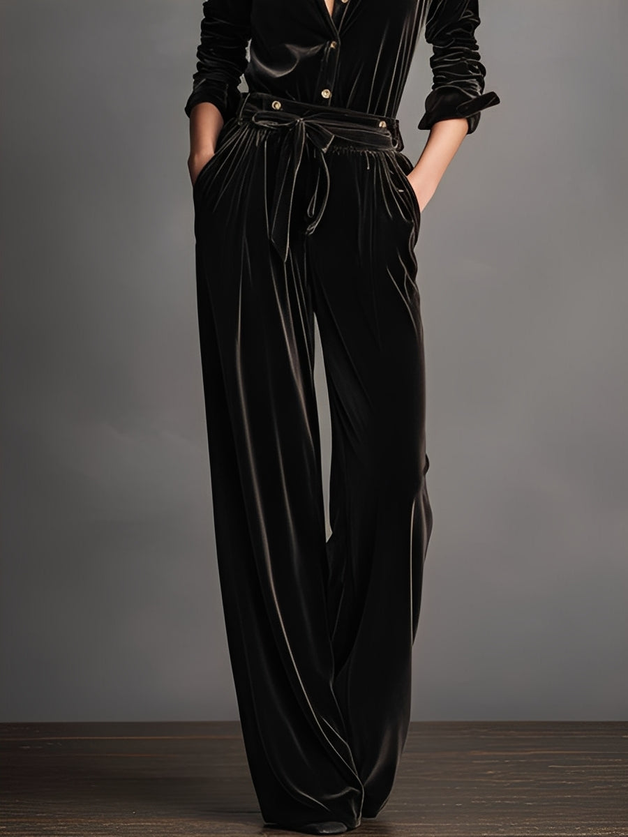 Women's Black Velvet Lace-up Refined Gold Button Jumpsuit