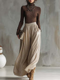 Refined And Fashionable Retro Brown High-neck Knitted Top And Shimmering Silver Skirt Set