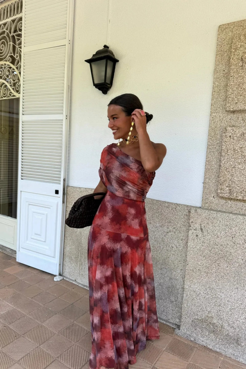 One-Shoulder Tie Dye Maxi-Length Dress