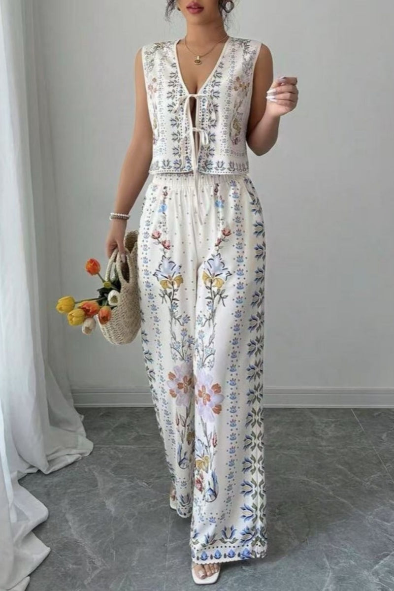 Tie-Up Vest & Wide-Leg Trousers Set - Sky Blue Print