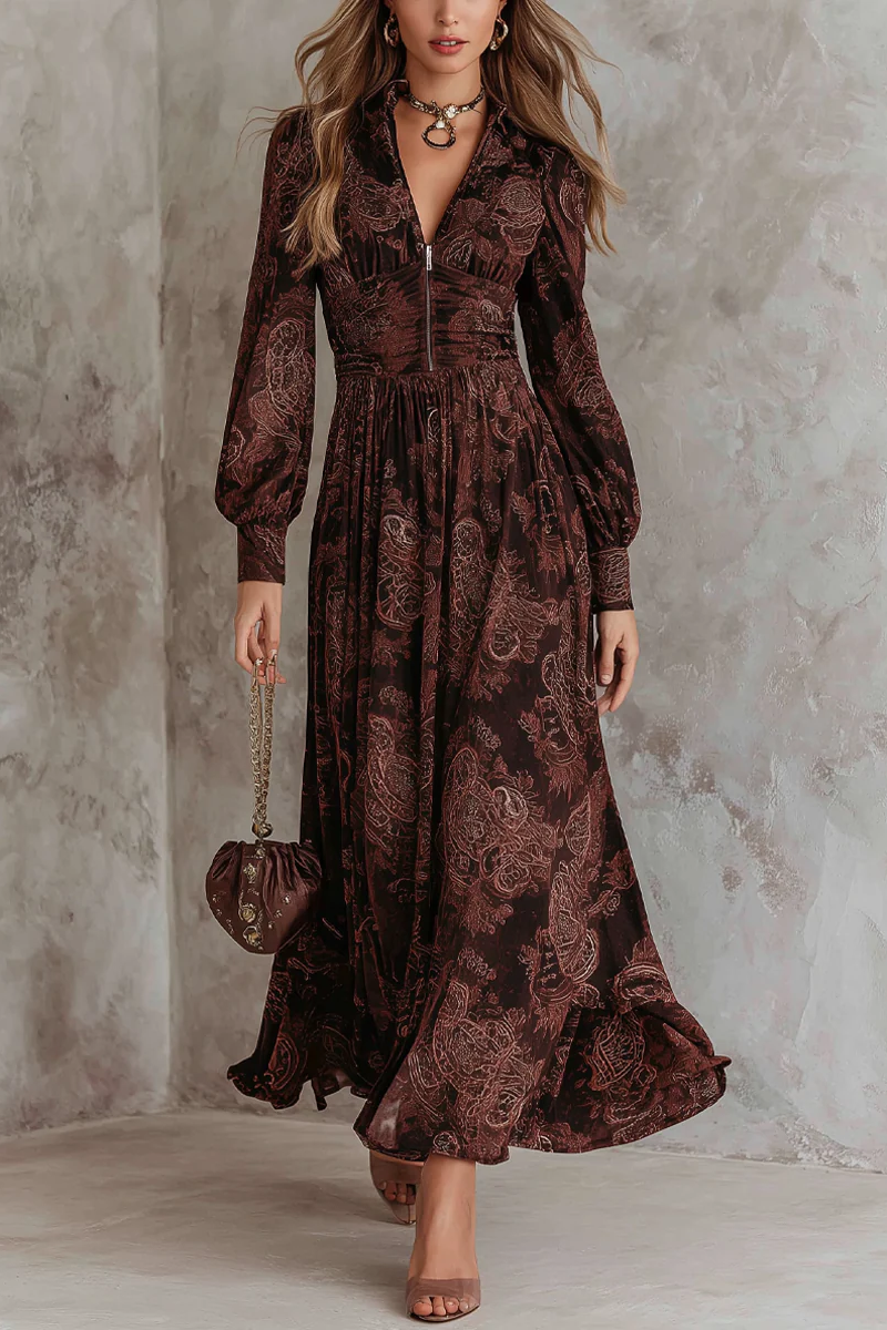 Brown Paisley Zippered Waist Maxi-Length Dress