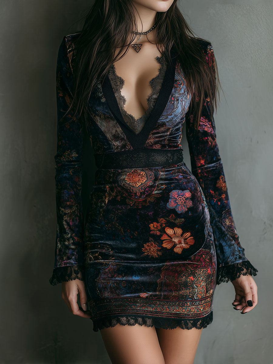 Boho Flower Print V-Neck Velvet Fitted Mini-Length Dress With Lace Trim