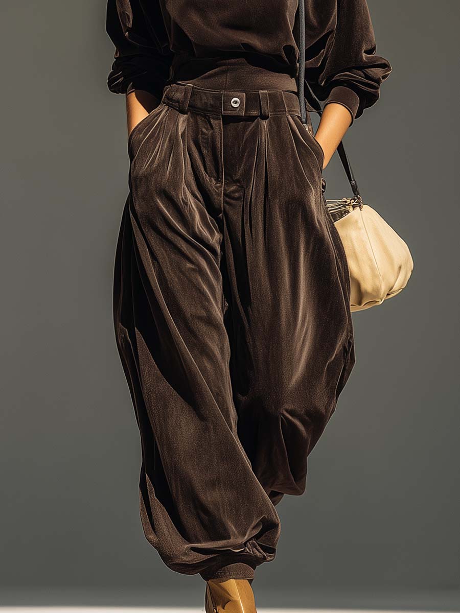 Retro Brown Velvet Hoodie And Loose-Fitting Trousers Set(Includes Belt)