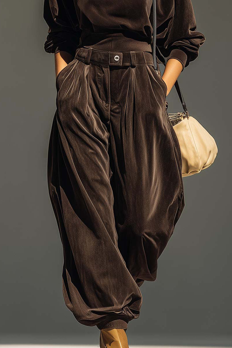 Retro Brown Velvet Hoodie And Loose-Fitting Trousers Set(Includes Belt)