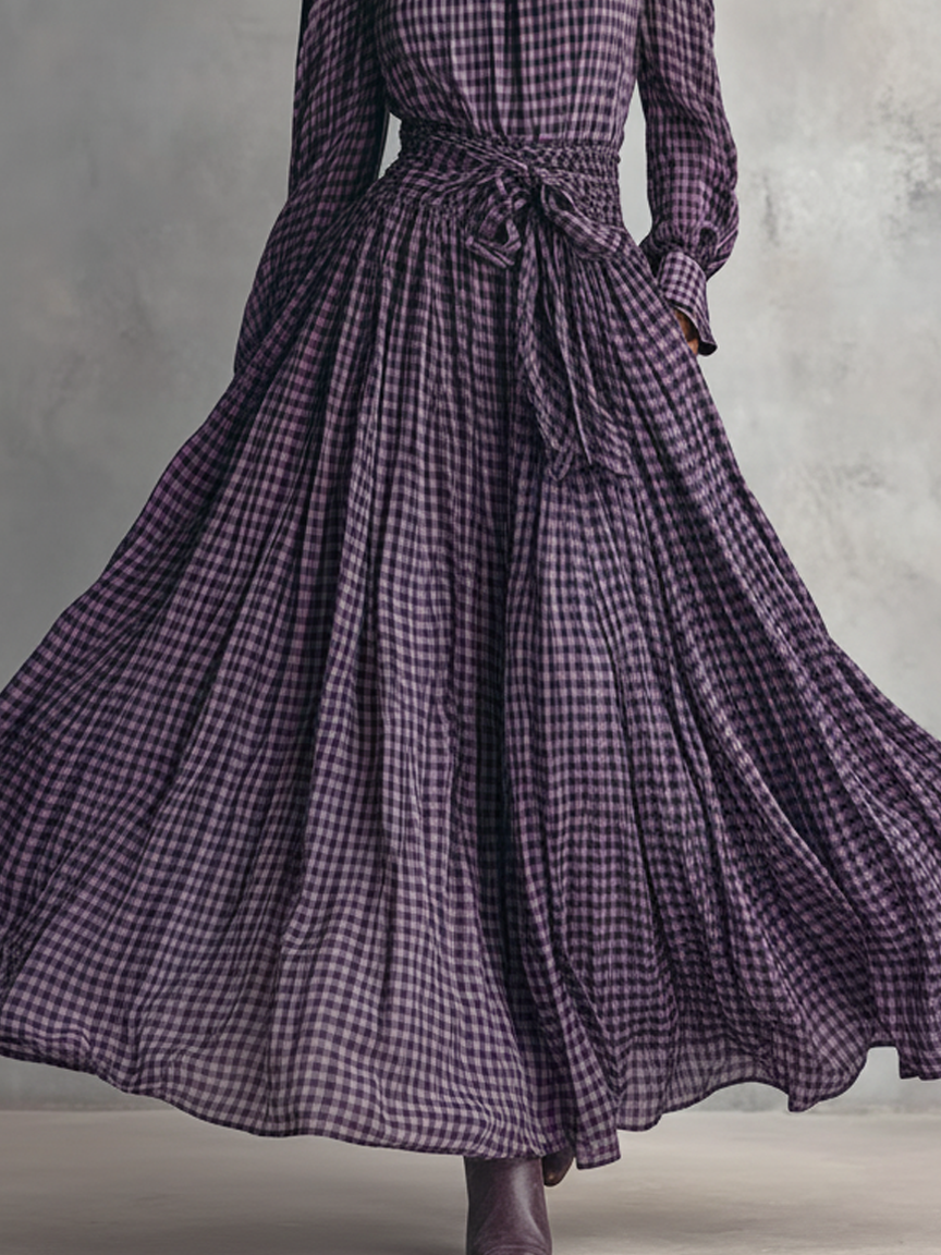 Coordinated Women's Plaid Blended Half-high Collar Long-sleeved Blouse And Long Skirt Set
