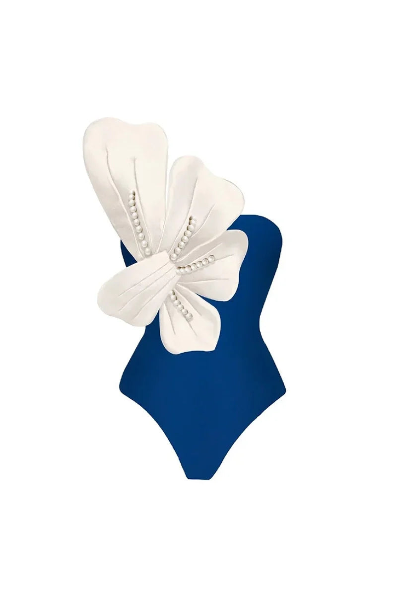 Blue Swimwear Set Pearl Flower Accents