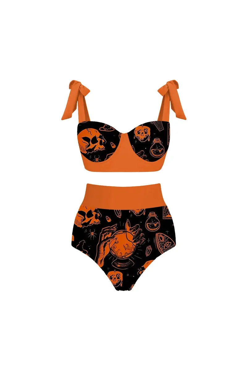 Halloween Pumpkin Skull Print Two-Piece Bikini