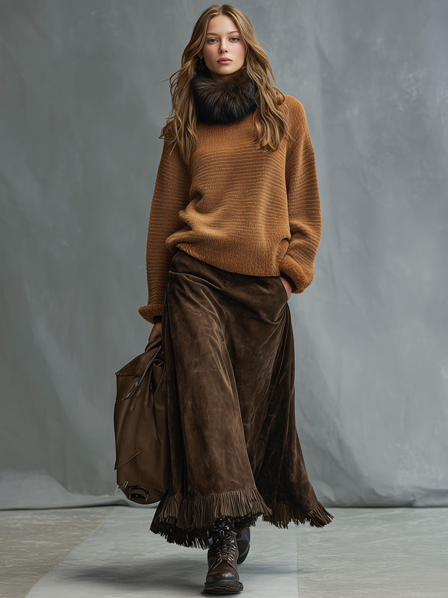 Relaxed Retro Cocoa Brown Faux Suede Tassel Skirt