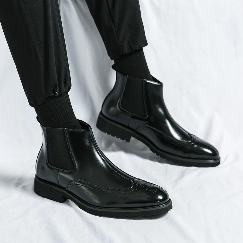 Leather Chelsea Boots with Brogue Detailing and Shock-Absorbing Sole