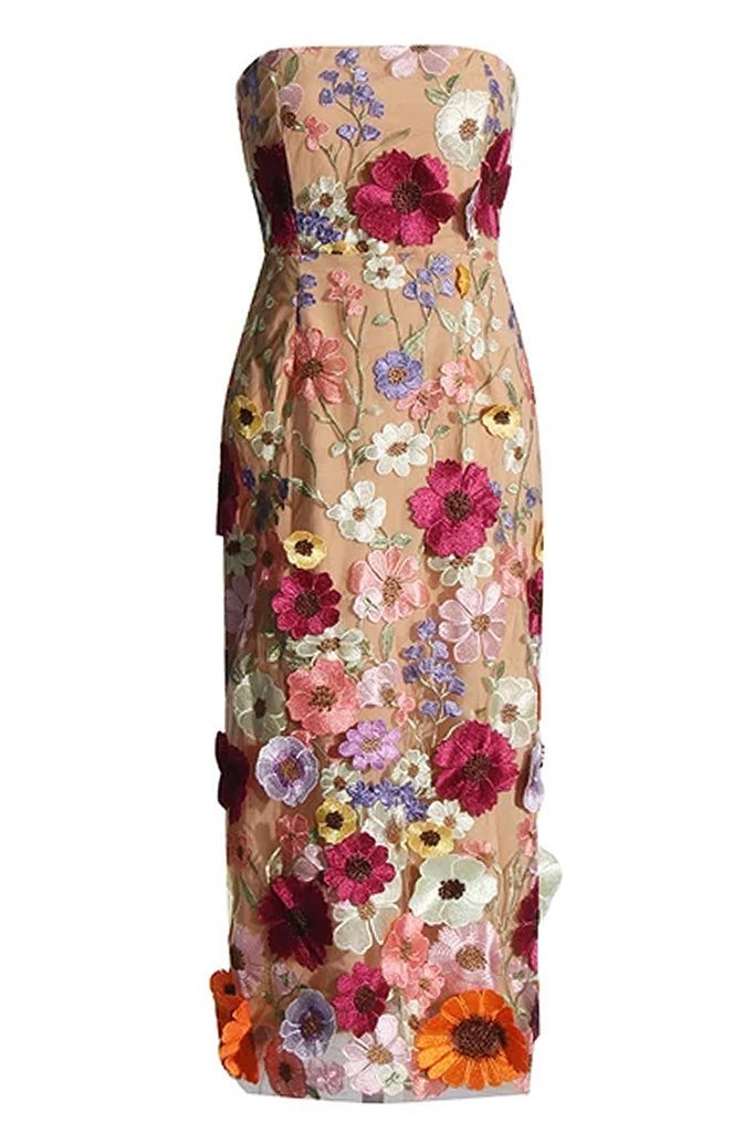 Belle Embroidered Flower Strapless Midi-Length Dress