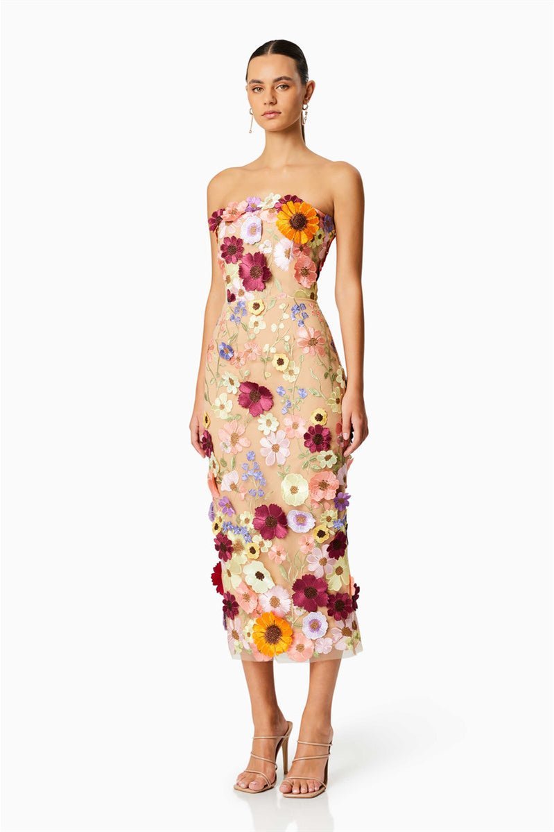 Belle Embroidered Flower Strapless Midi-Length Dress