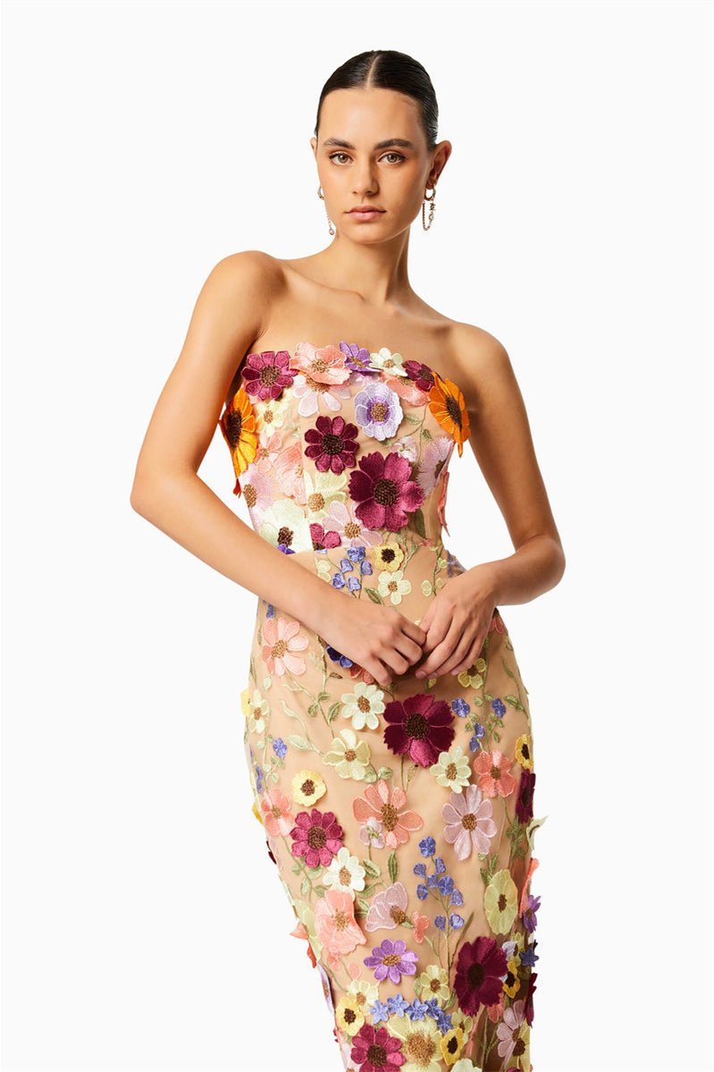 Belle Embroidered Flower Strapless Midi-Length Dress