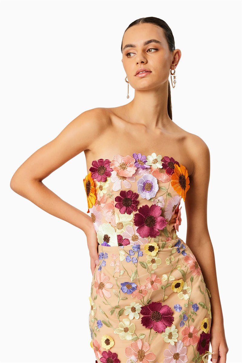Belle Embroidered Flower Strapless Midi-Length Dress