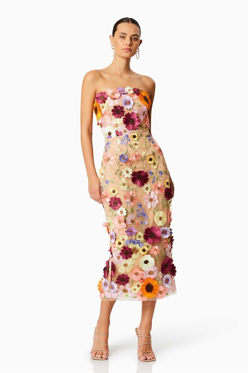 Belle Embroidered Flower Strapless Midi-Length Dress