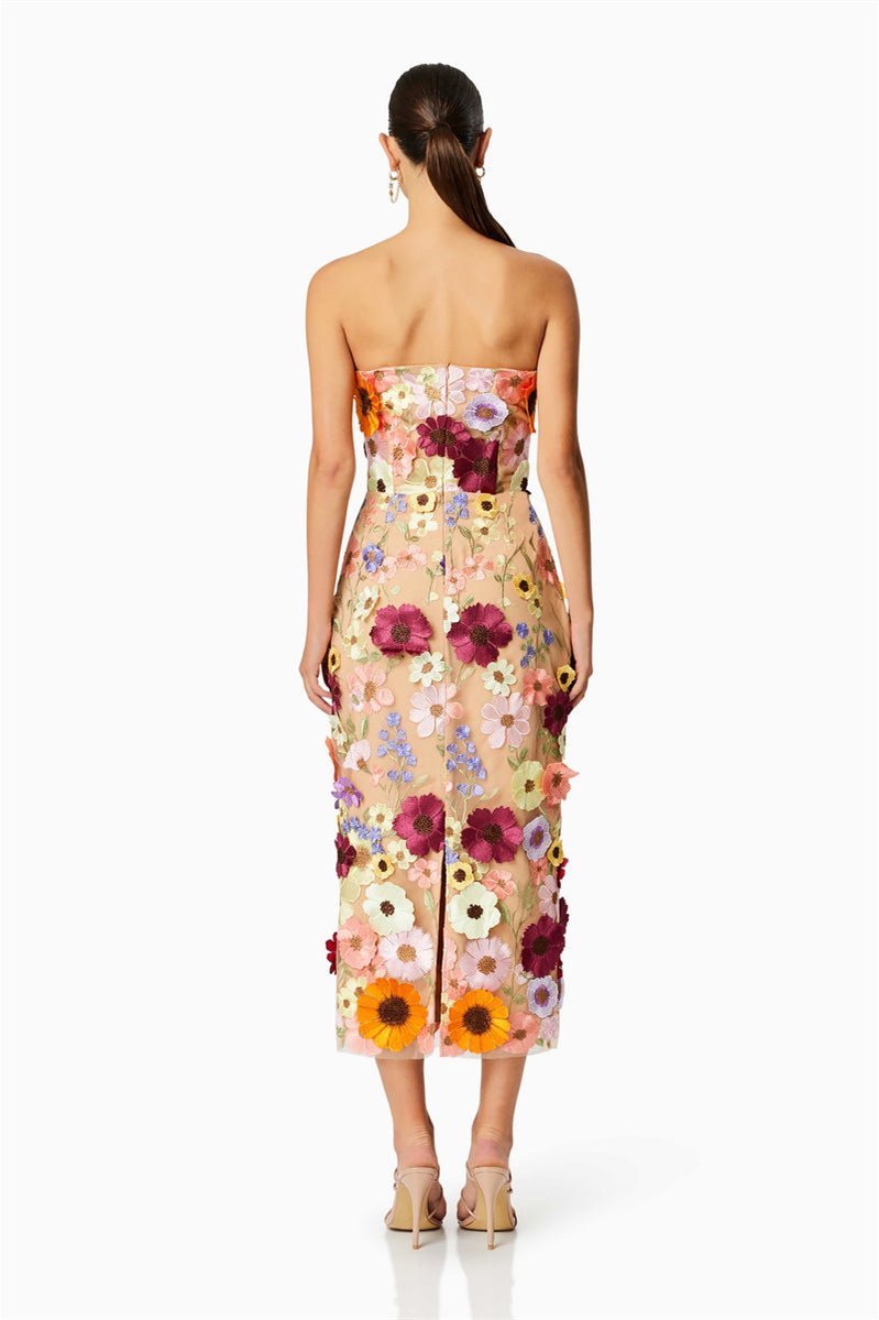 Belle Embroidered Flower Strapless Midi-Length Dress