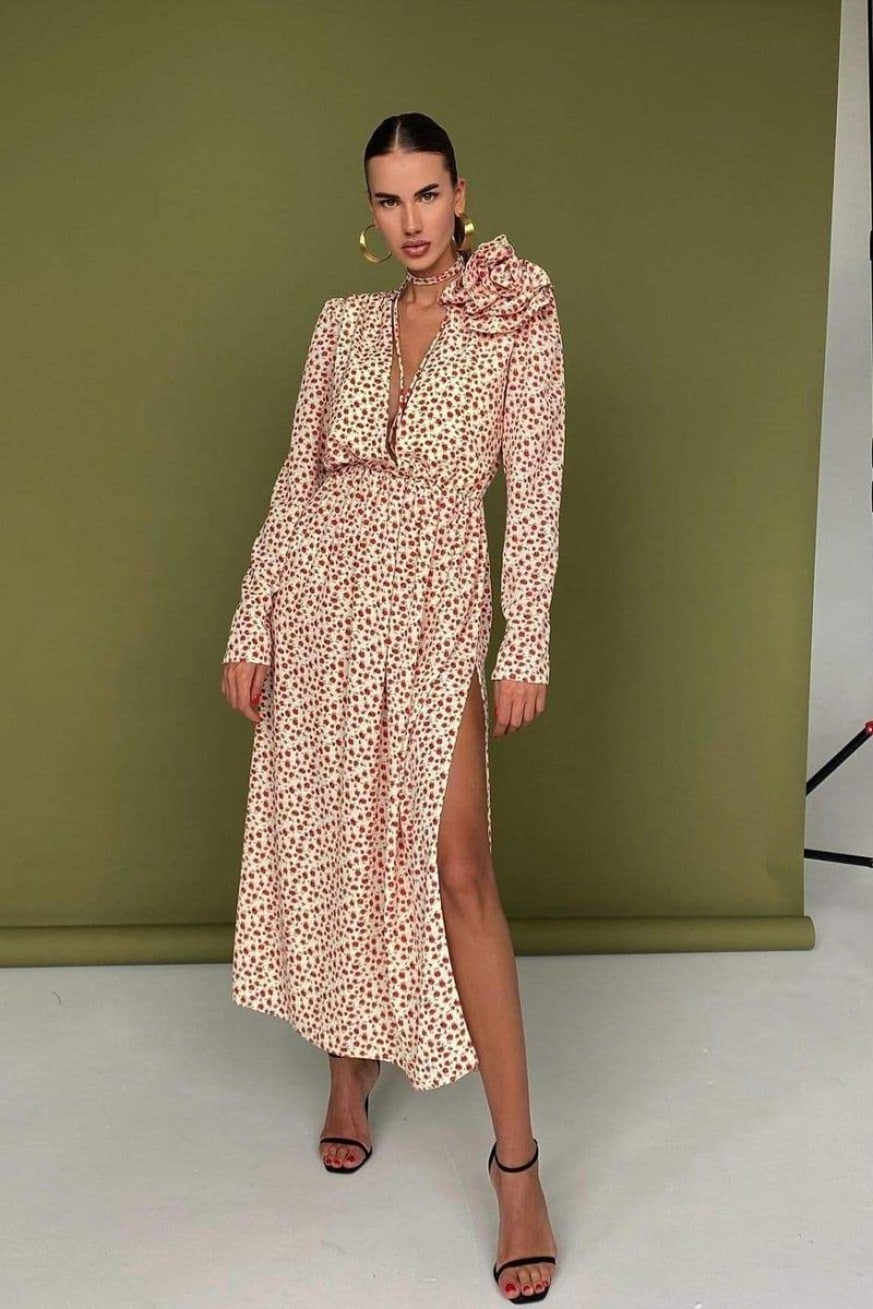 Bertha Flower V-Neck Midi-Length Dress