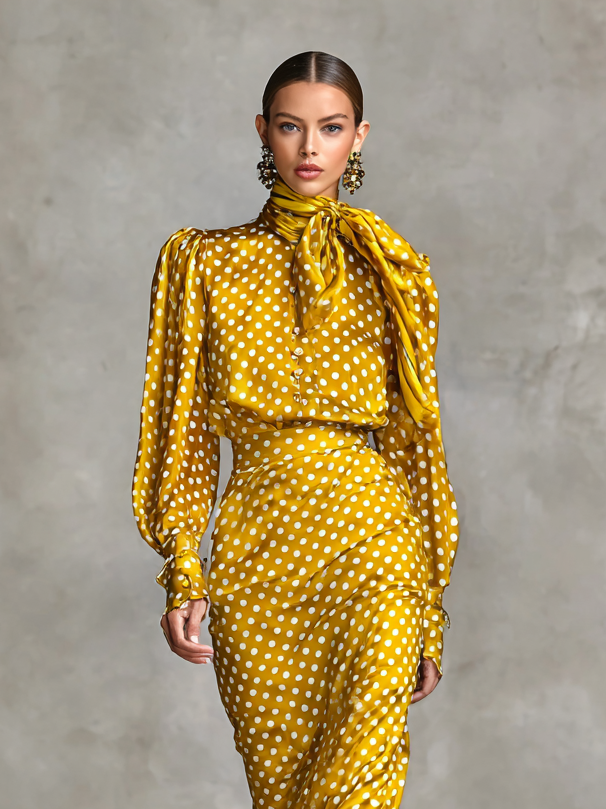 Women's Retro Satin Polka Dot Print Shirt And Skirt Two-Piece Set (Not including scarf)